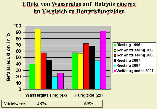 Effekt von Wasserglasbehandlungen im Vergleich zu Botrytisfungiziden
