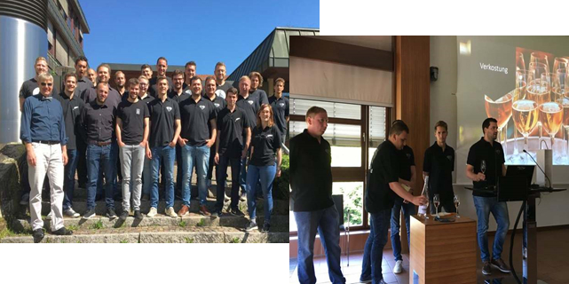 Die Teilnehmer des Sektprojekts 2015/2017 (linkes Foto) und eine der Gruppen bei der Präsentation ihrer Arbeit (rechtes Foto)