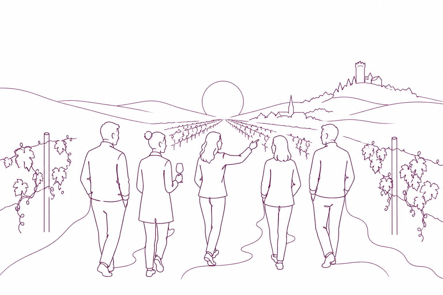 Fünf Personen gehen gemeinsam einen Weg durch die Weinberge in Richtung Horizont. Eine Person führt die Gruppe. Dargestellt als minimalistische Liniengrafik. 