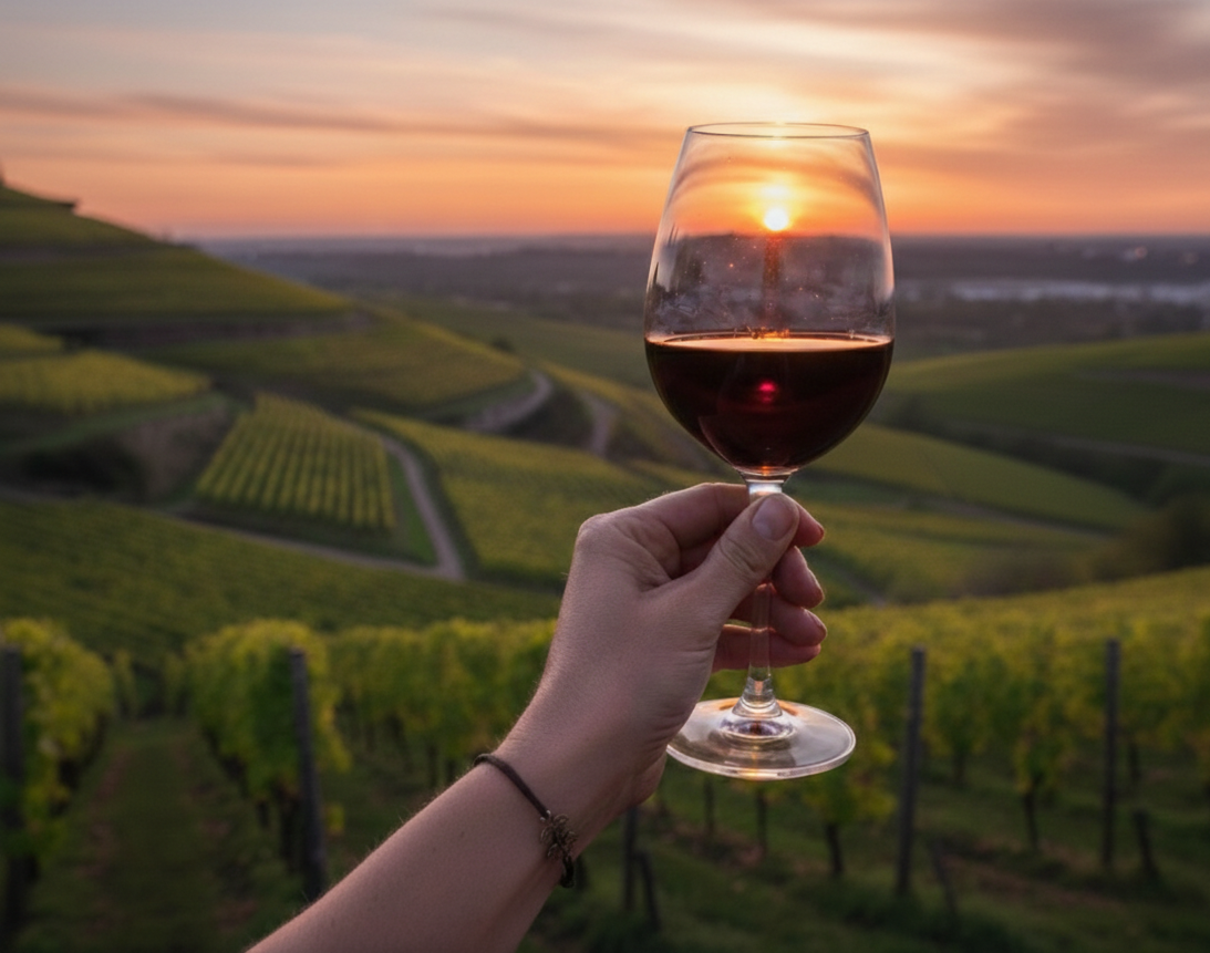 Hand hält ein Glas Rotwein vor Weinbergen bei Sonnenuntergang.
